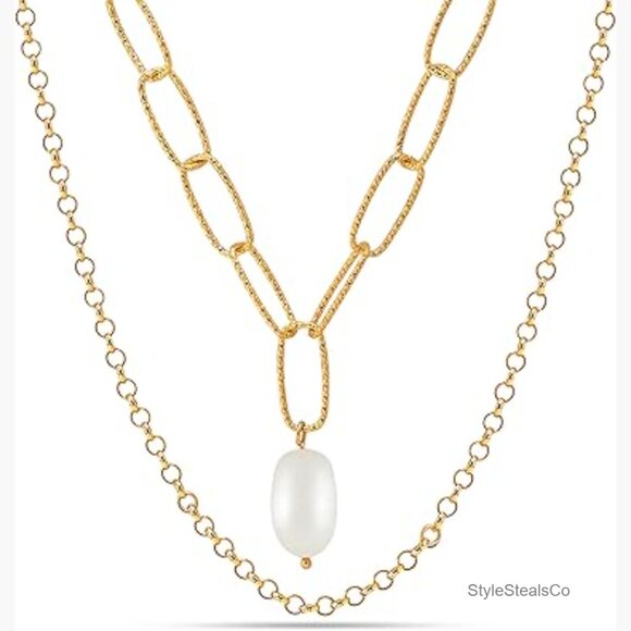 Sterling Silver Layered Necklace with Freshwater Pearl Pendant 18 Inch